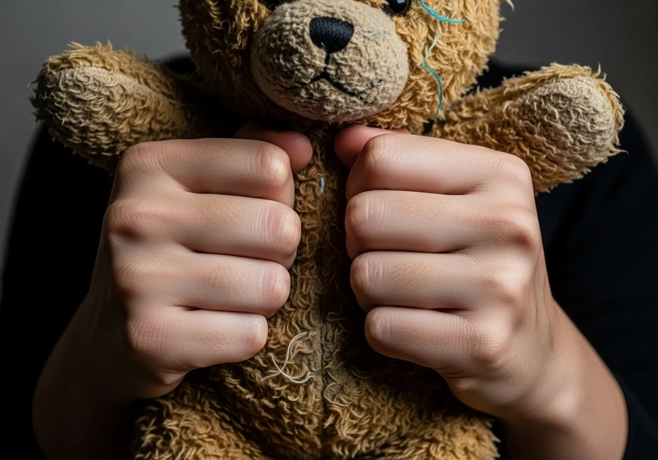 Hands clutching a teddy bear in a dimly lit room.