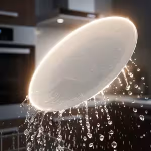 Water droplets on a clean plate from a dishwasher.