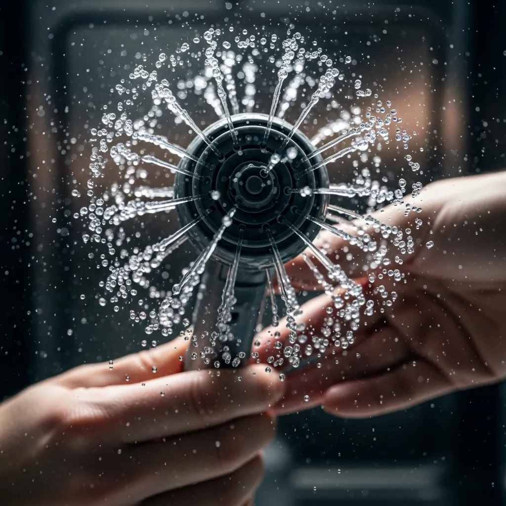 Close-up of dishwasher spray arm with water droplets mid-rotation.