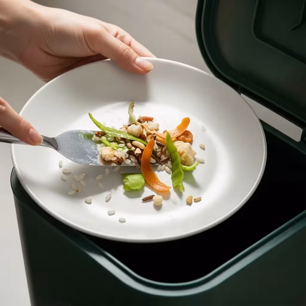 Hand scraping food scraps into a compost bin.