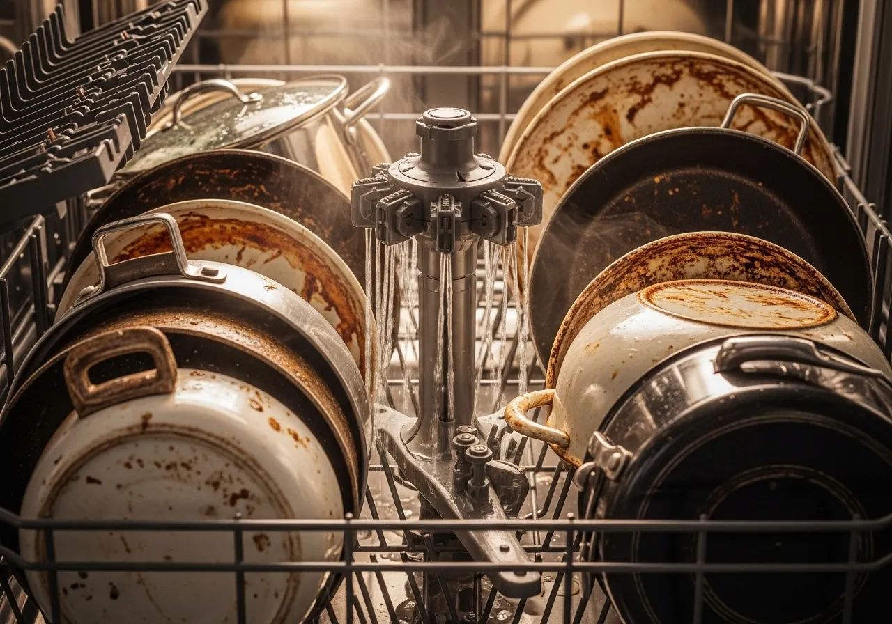 Dirty pots, pans, and casserole dishes arranged in the bottom rack of a dishwasher, angled towards the spray arm.