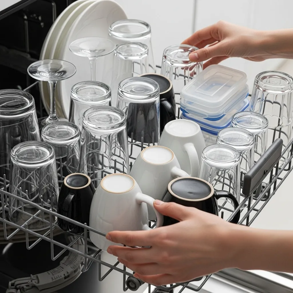 Top rack of a dishwasher loaded with glasses, mugs, bowls, and plastic containers.