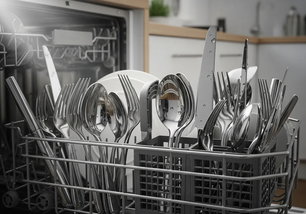 Silverware loaded handles up and down in dishwasher basket.