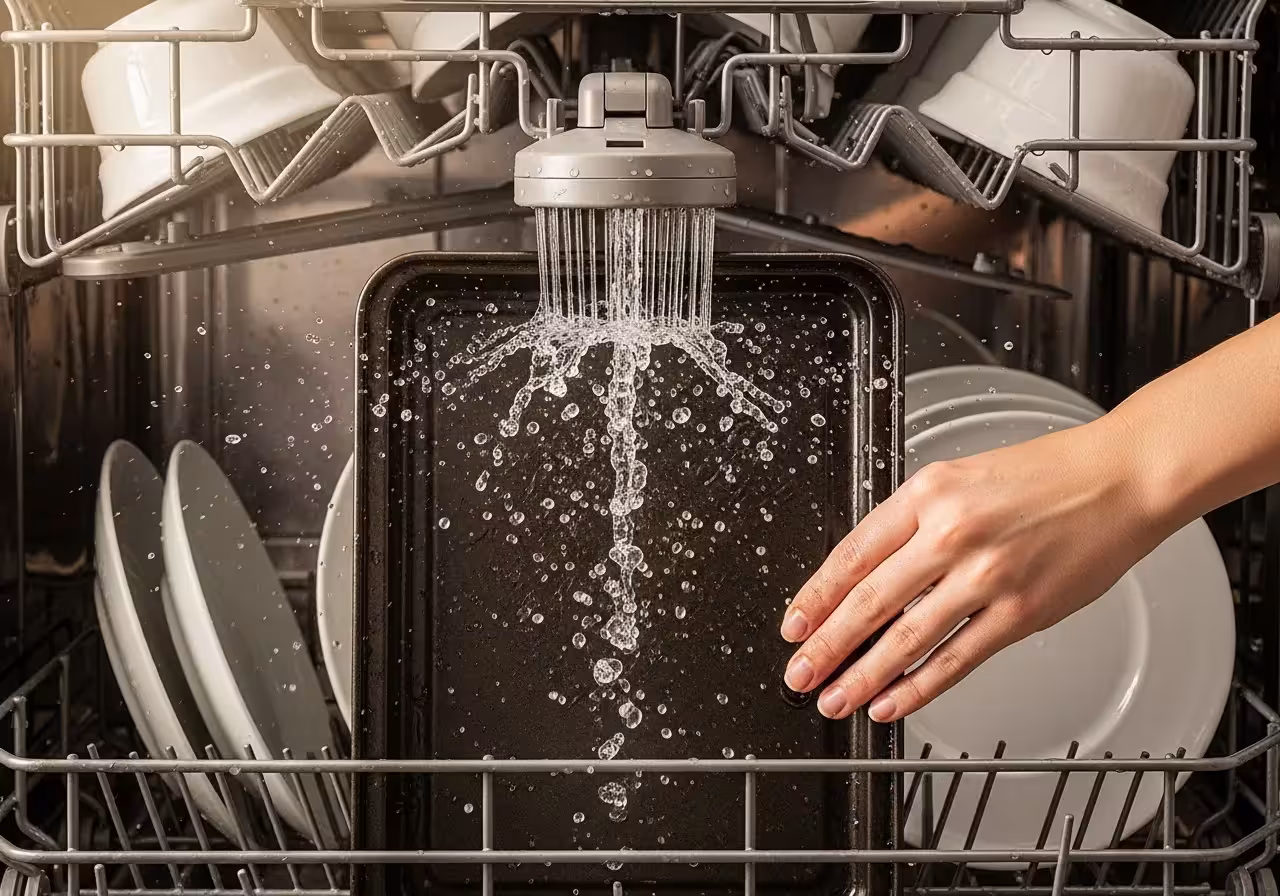 Dishwasher spray arm blocked by baking sheet, water not reaching dishes.