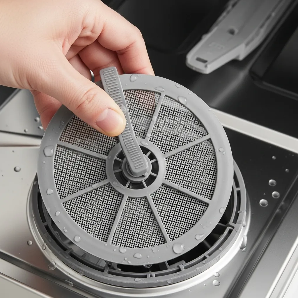 Hand removing a dishwasher filter for cleaning.