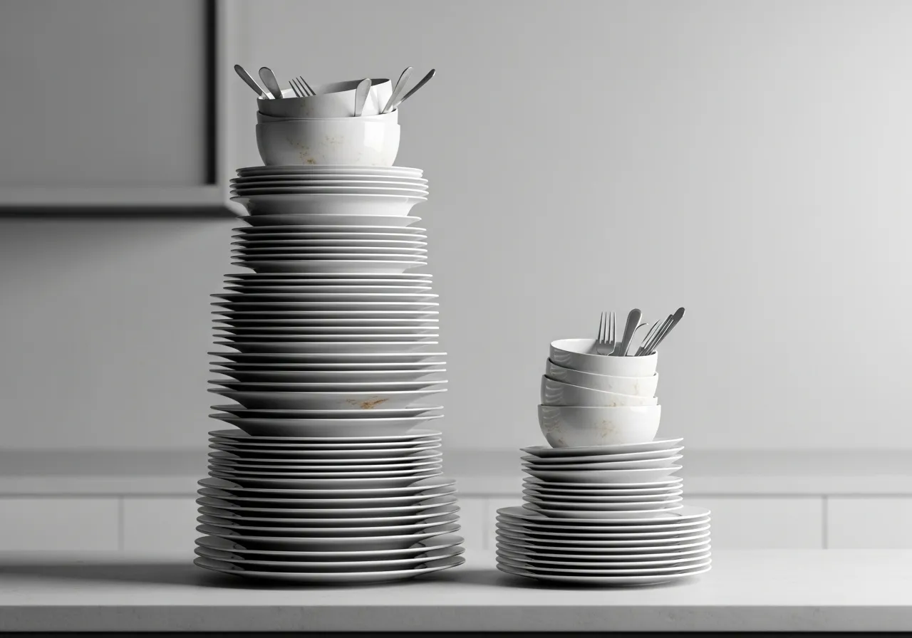Two stacks of dirty dishes, one large, one small.
