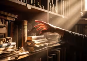 Hand reaching for dusty book, highlighting airborne particles.