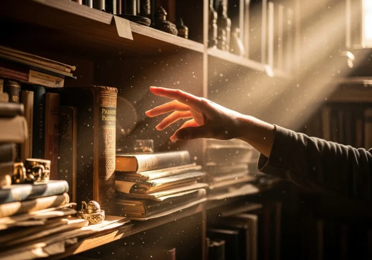 Hand reaching for dusty book, highlighting airborne particles.