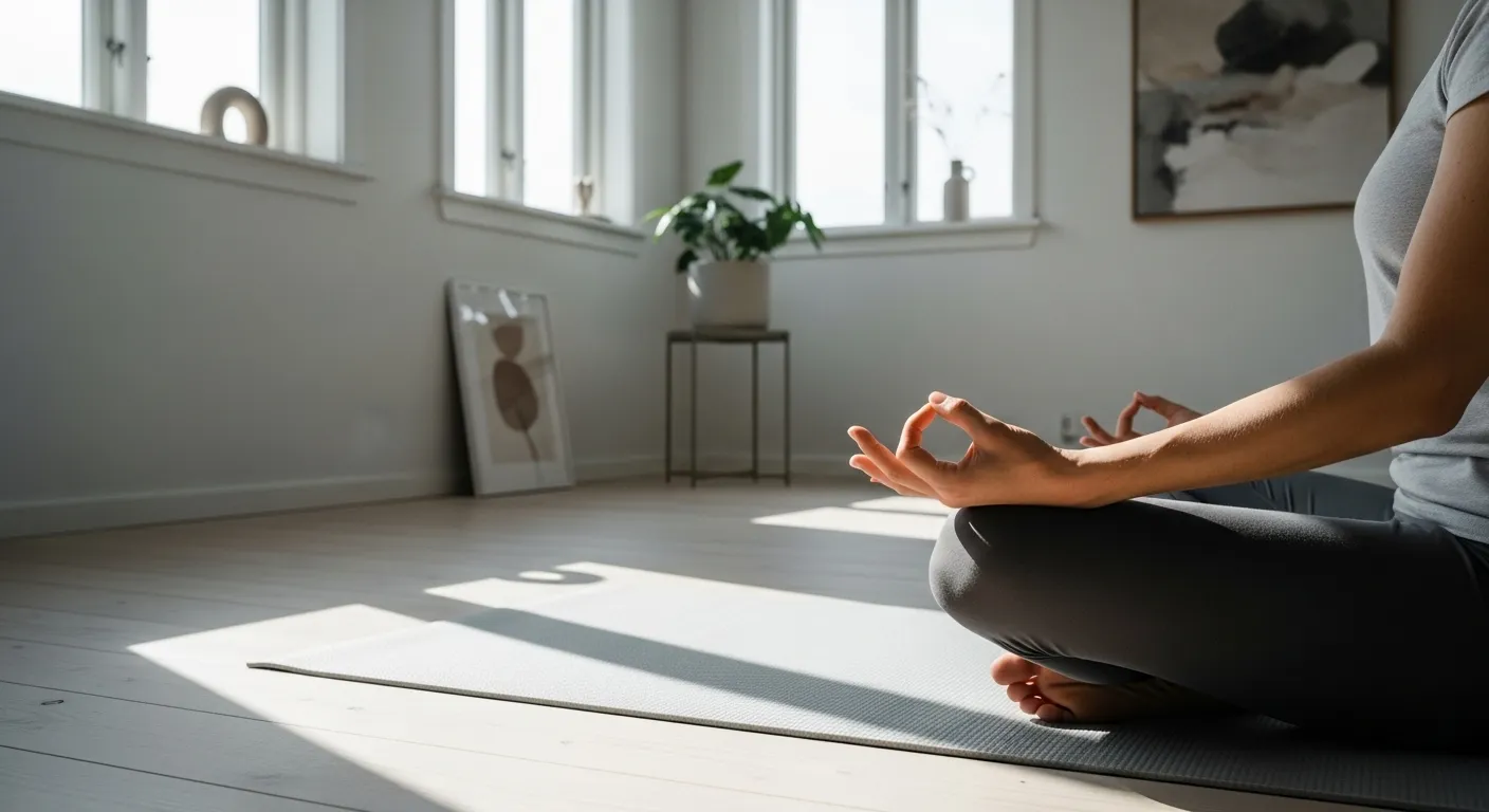 Person meditating in a clean, organized room.
