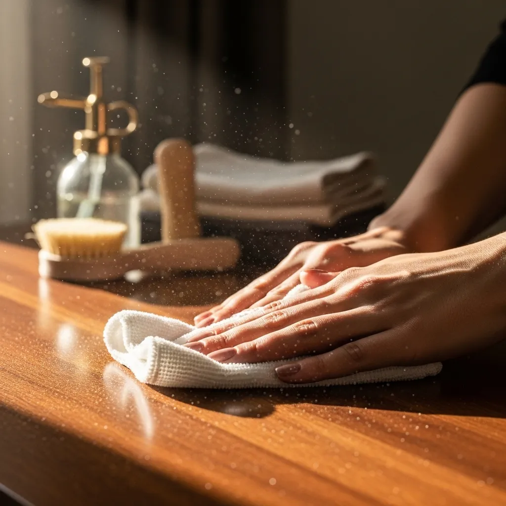 Hands cleaning dust, promoting better indoor air quality.