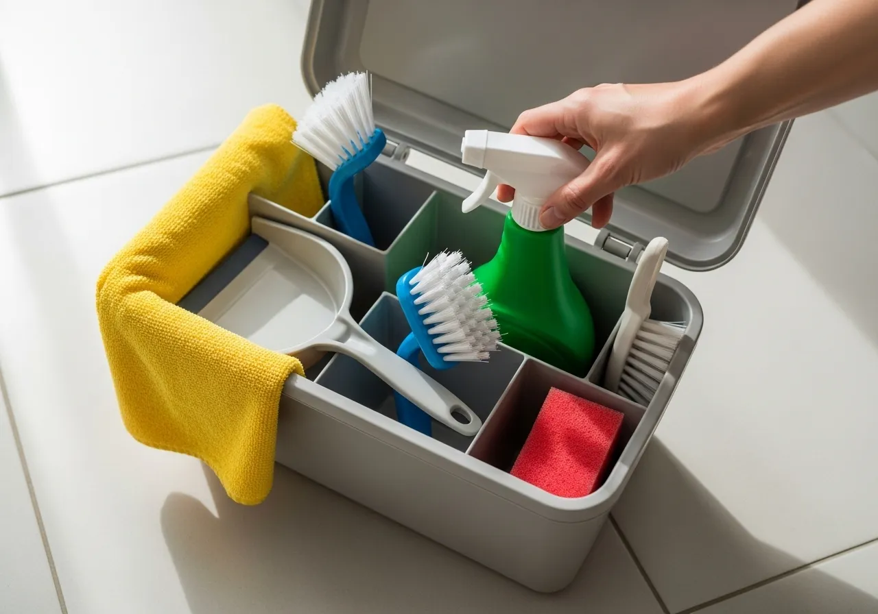 Ergonomic cleaning tools arranged in a caddy.