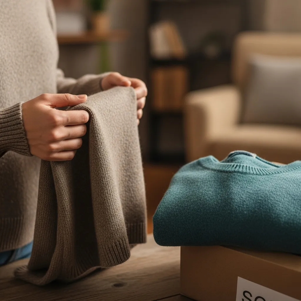 Hand holding new and old sweaters, symbolizing the one-in-one-out rule.
