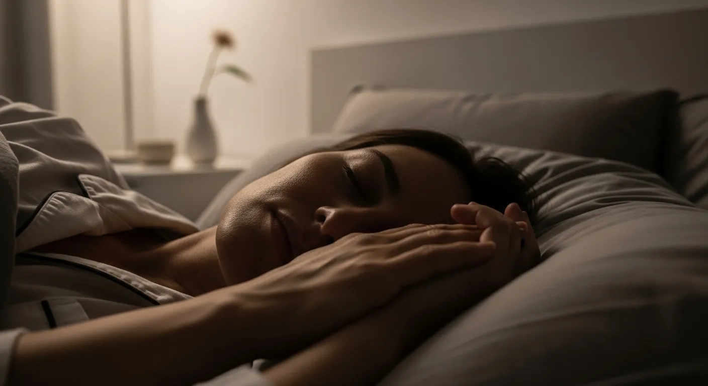 Person sleeping peacefully in a clean, organized bedroom.