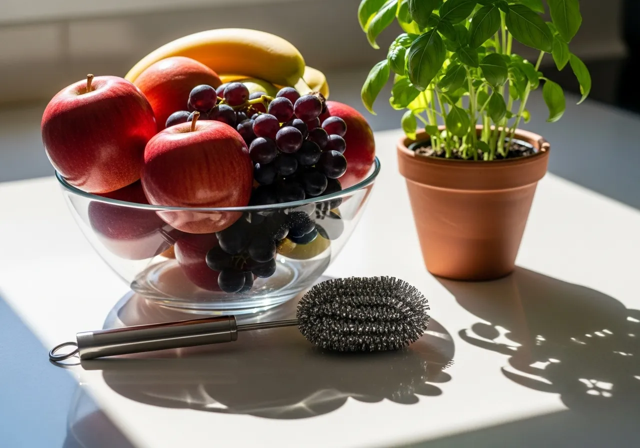 Minimalist kitchen counter with fruit, herb, and cleaning tool.