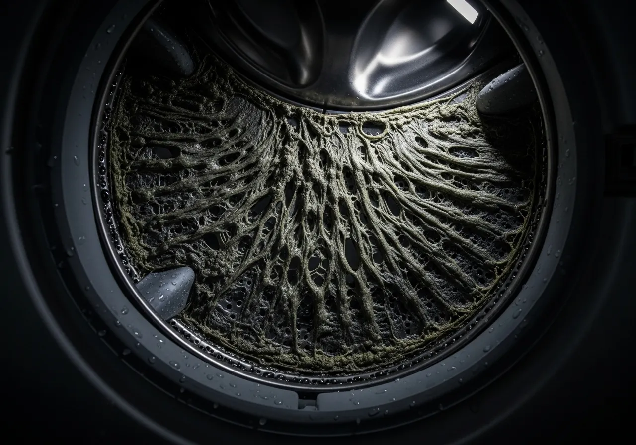 Close-up of biofilm inside a washing machine.