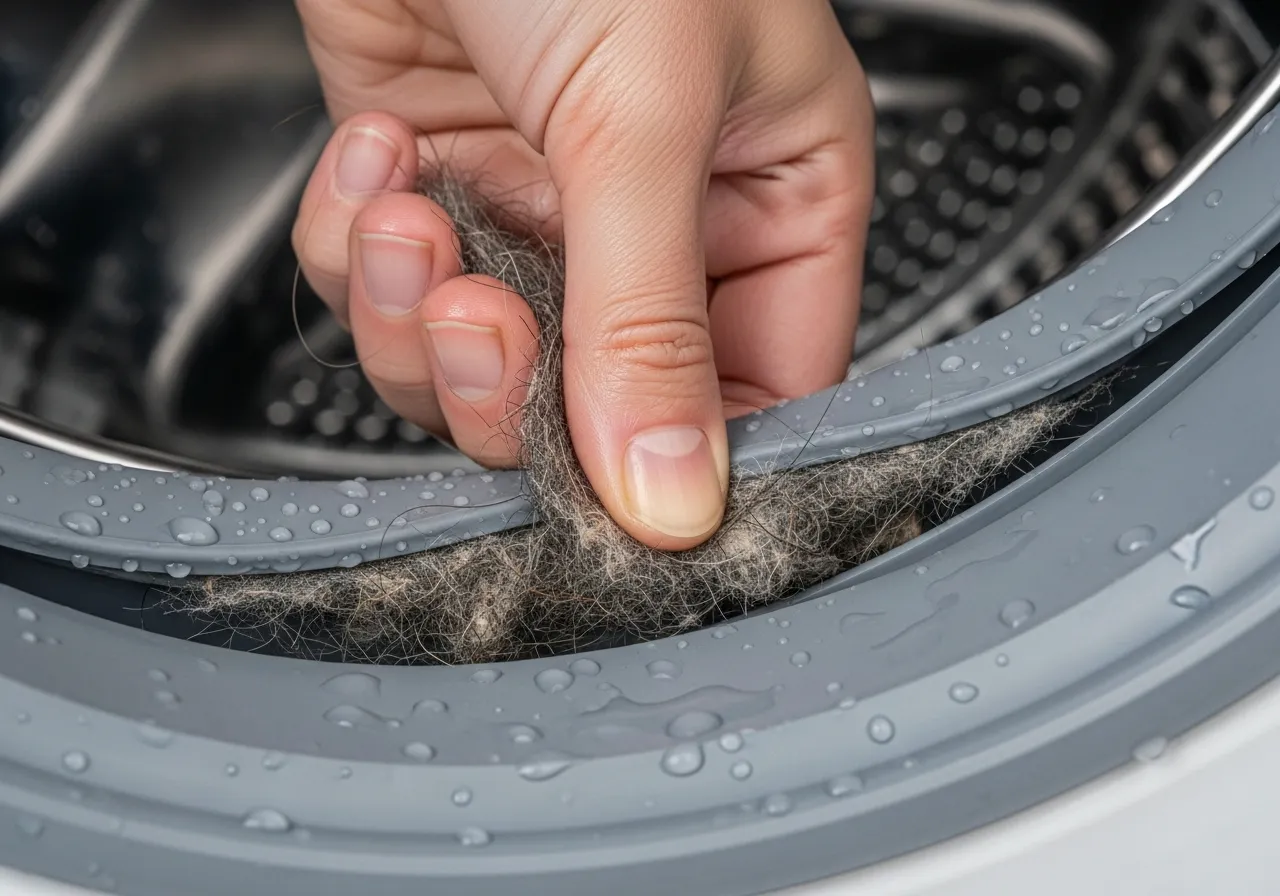 Hand removing lint and hair from a damp washing machine gasket.