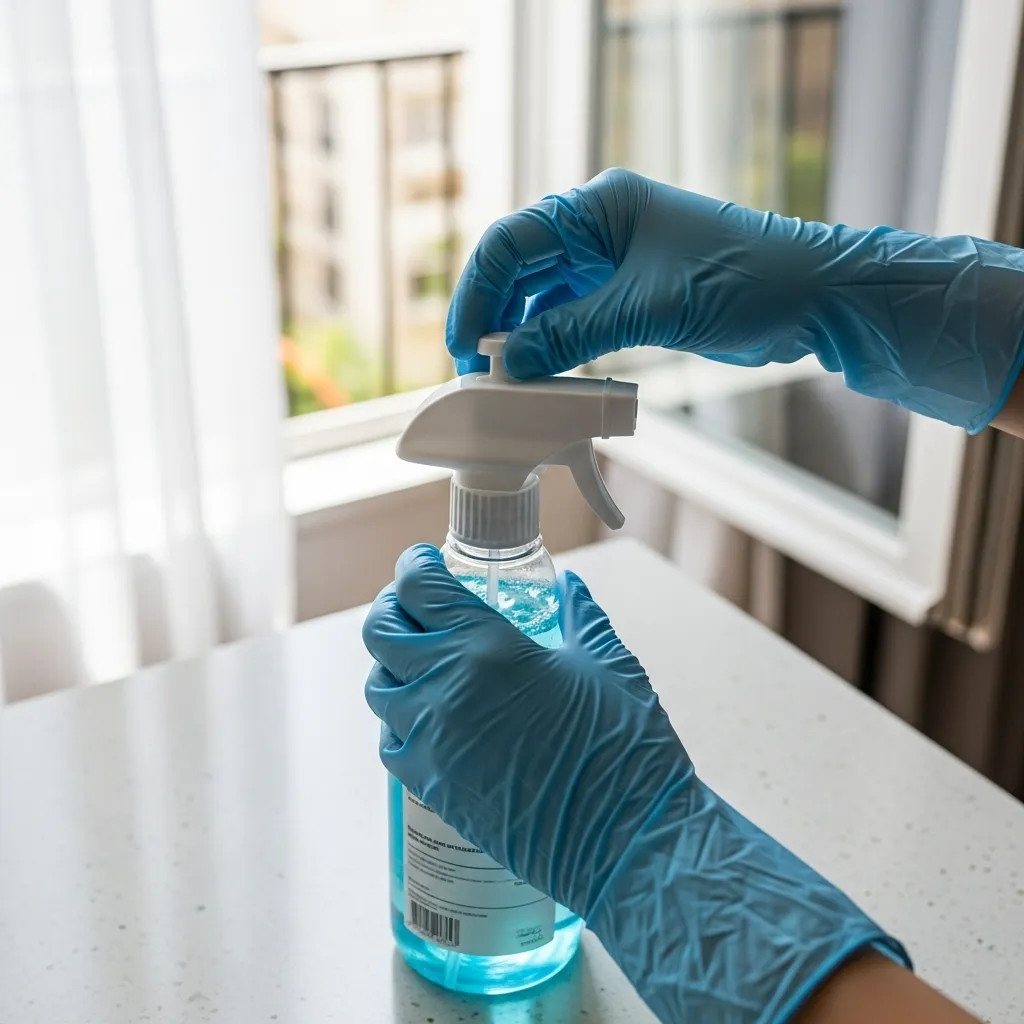 Gloved hands carefully handling cleaning solution near open window for ventilation.