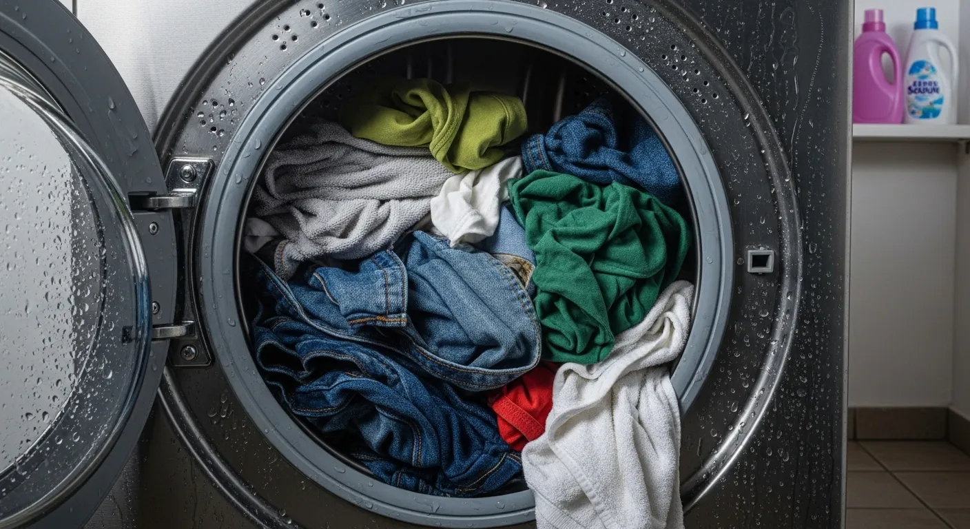 Wet laundry piled up in washing machine drum.