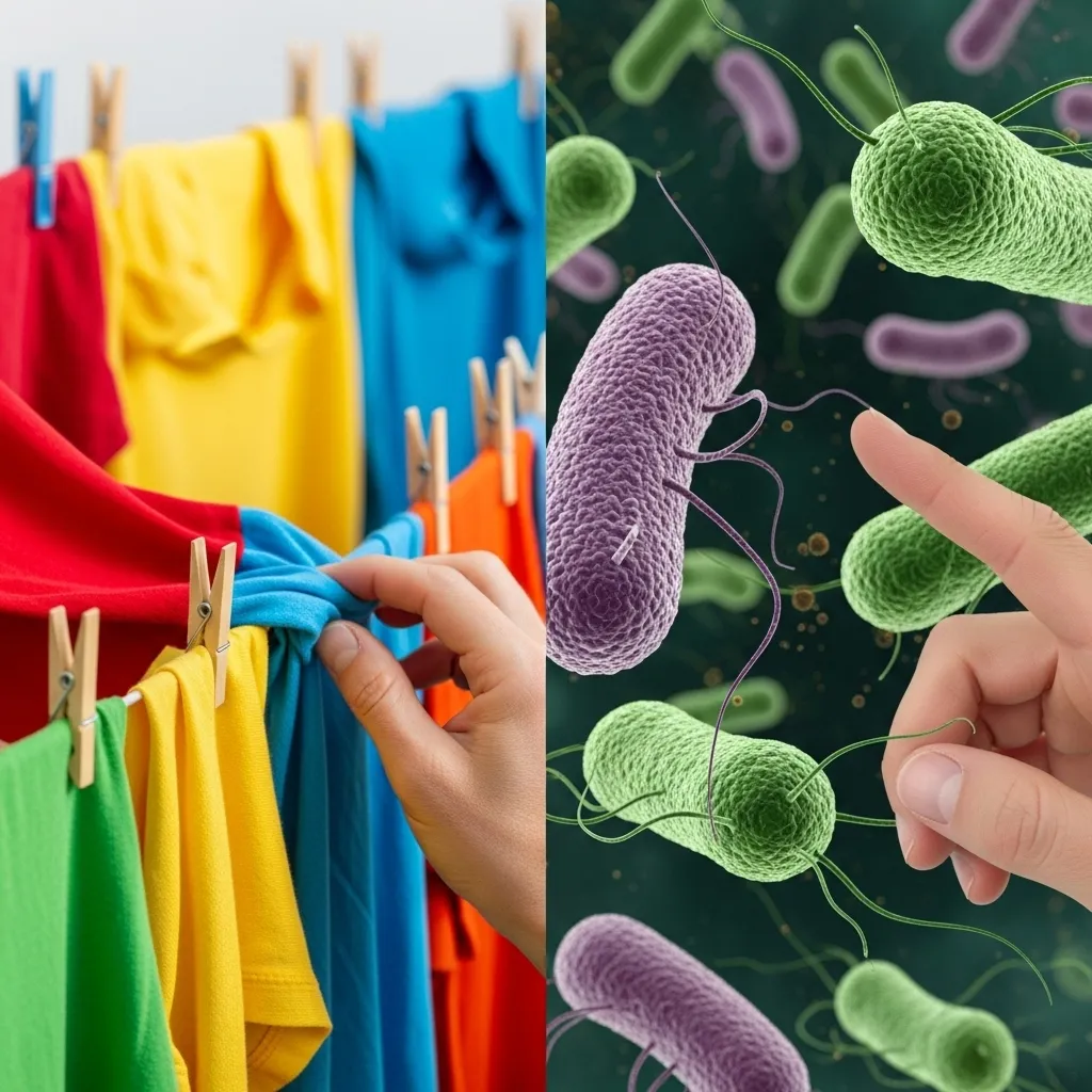 Clean laundry contrasted with bacteria illustration.