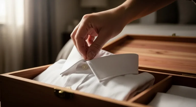 A hand retrieves a white linen shirt from a cedar storage box.