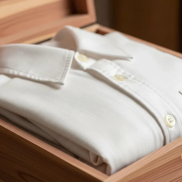 A neatly folded white linen shirt stored in a cedar box.