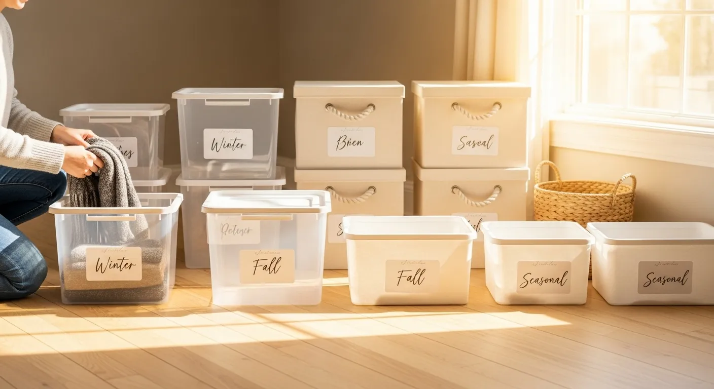 Empty, labeled storage containers sit open on a sunlit wooden floor.
