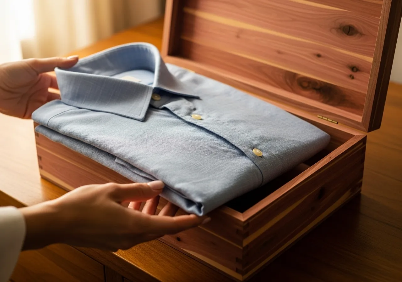 A folded linen shirt sits in a cedar box.