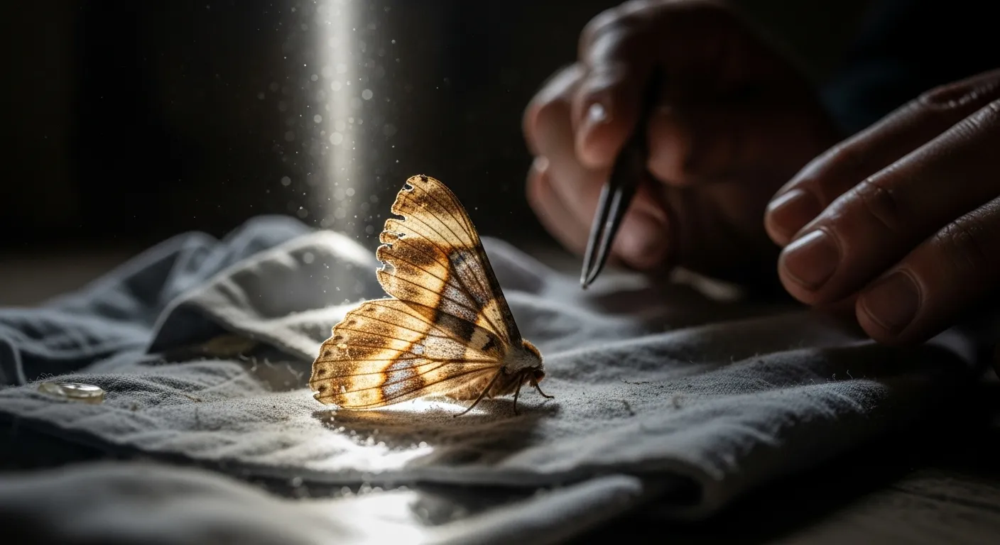 A moth wing rests on a discarded linen shirt in a dusty attic.