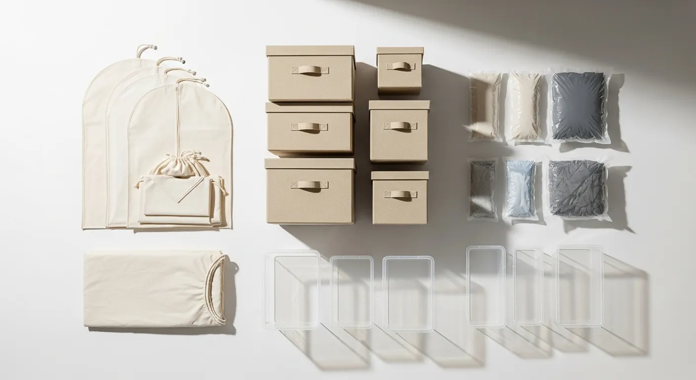 Various breathable and airtight clothing storage containers arranged on a white background.