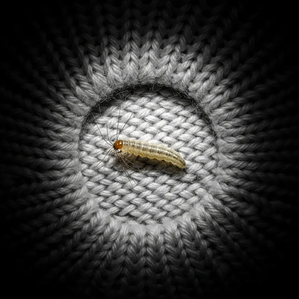 A moth larva on a cashmere sweater, illustrating the risk of pest damage to stored clothing.