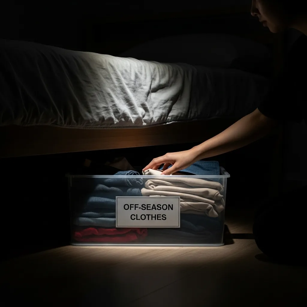A person retrieves clothing from a labeled under-bed storage container.