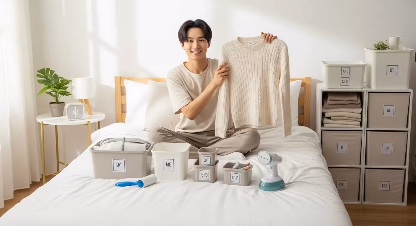 A person smiles while holding a folded sweater, surrounded by organized seasonal clothing storage bins and tools on a bed.