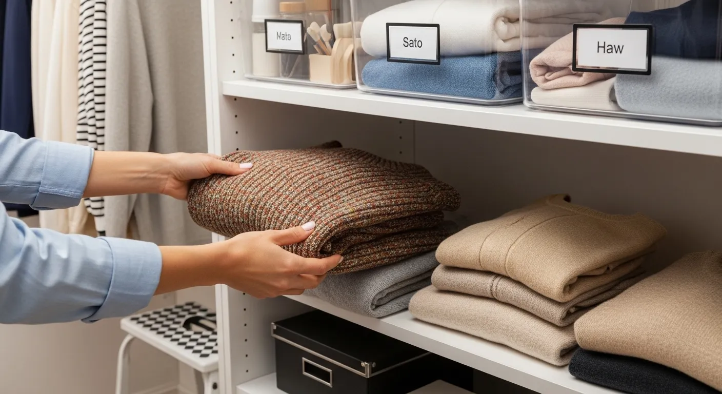 An organized closet shows off-season clothing stored in labeled clear bins on high shelves and frequently used items within easy reach.