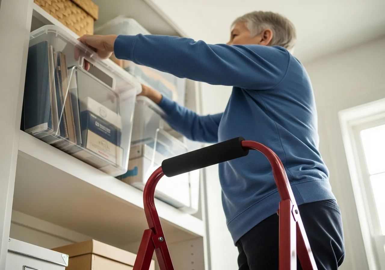 An older adult safely retrieves a storage bin from a high shelf using a step stool.