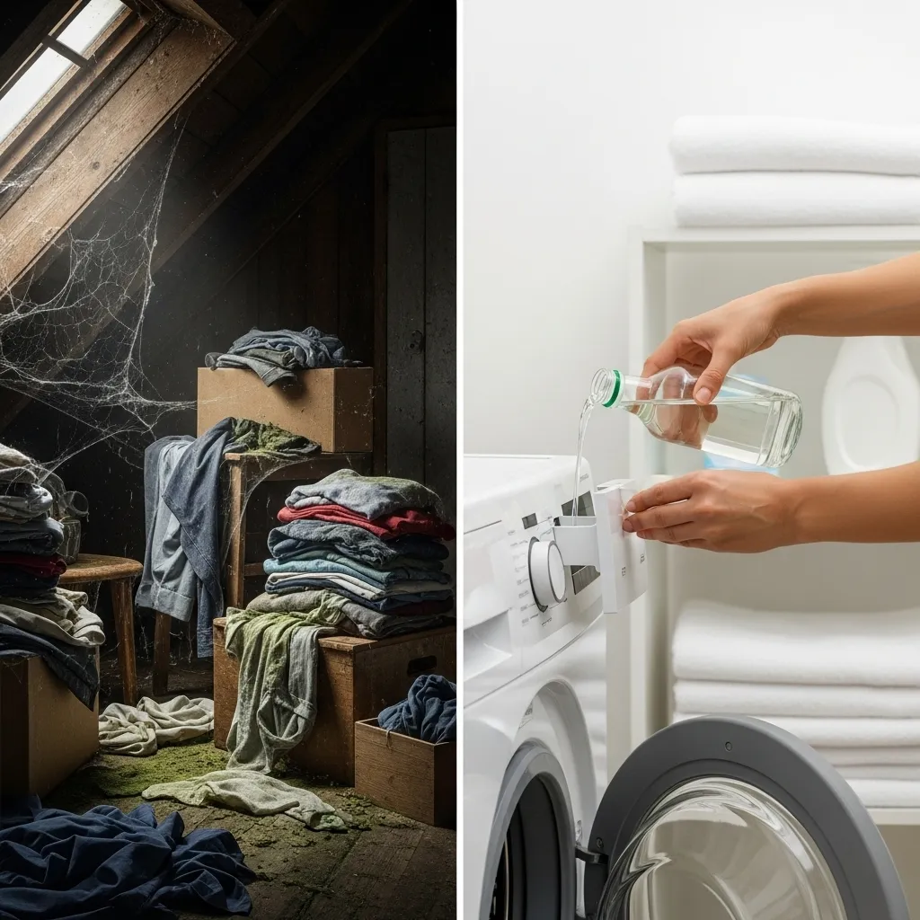 A split-screen showing mildew in a damp attic versus vinegar being added to a washing machine.