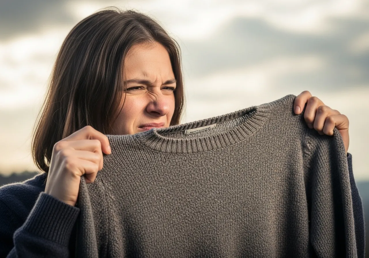 A person examines a musty sweater outdoors with a frustrated expression.