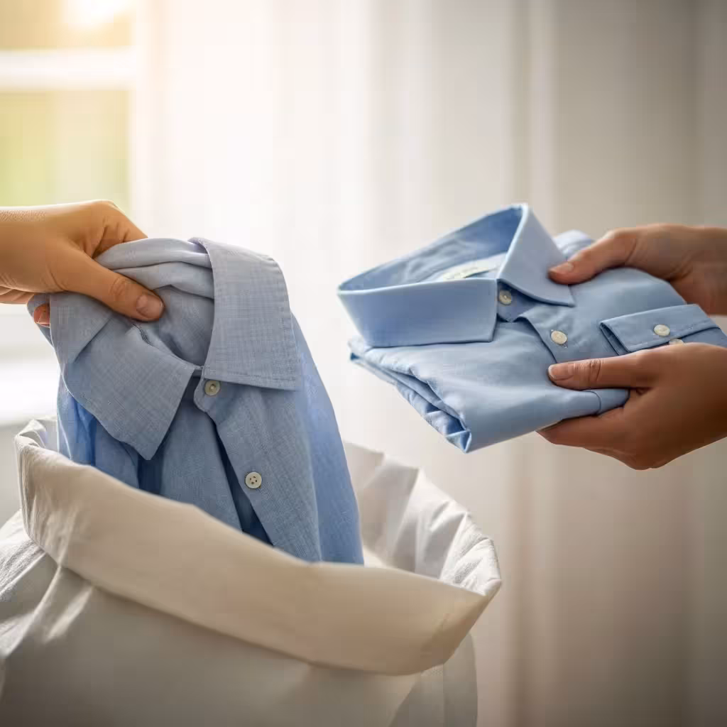 Two hands exchange an old linen shirt for a new one, illustrating the 'one in, one out' rule for clothing maintenance.