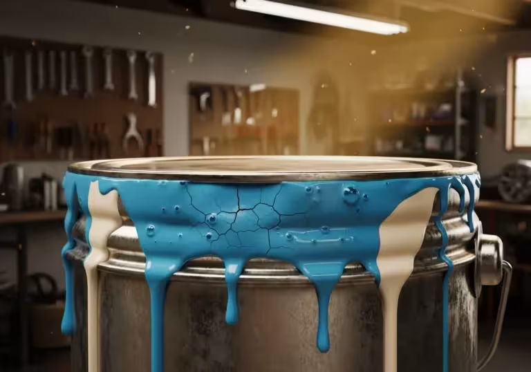 Paint can damaged by heat in a garage.