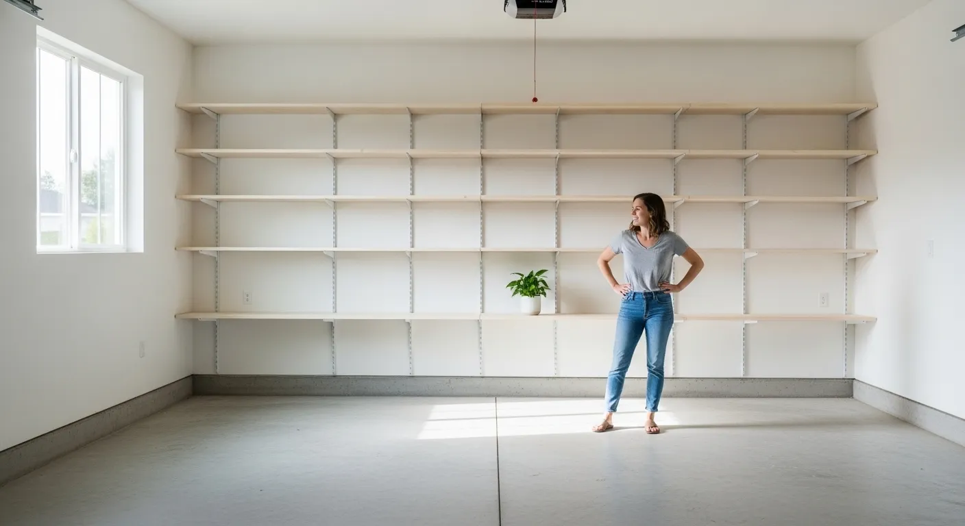 Clean, empty garage shelves.