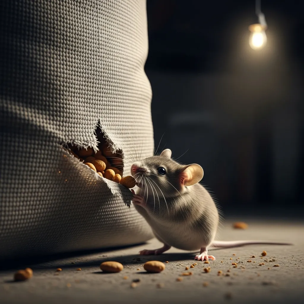 Mouse eating through pet food bag in garage.
