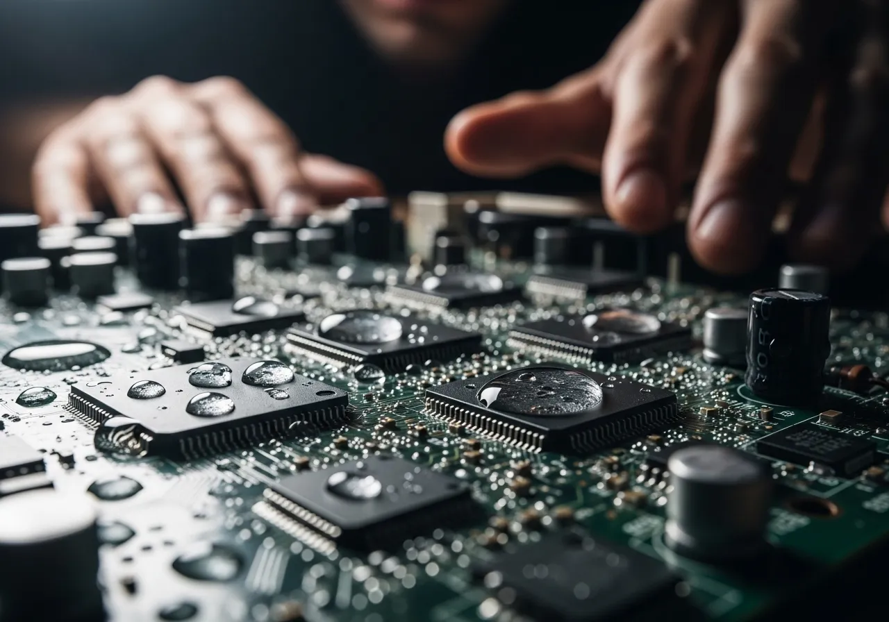 Water droplets on a circuit board symbolizing humidity damage to electronics.