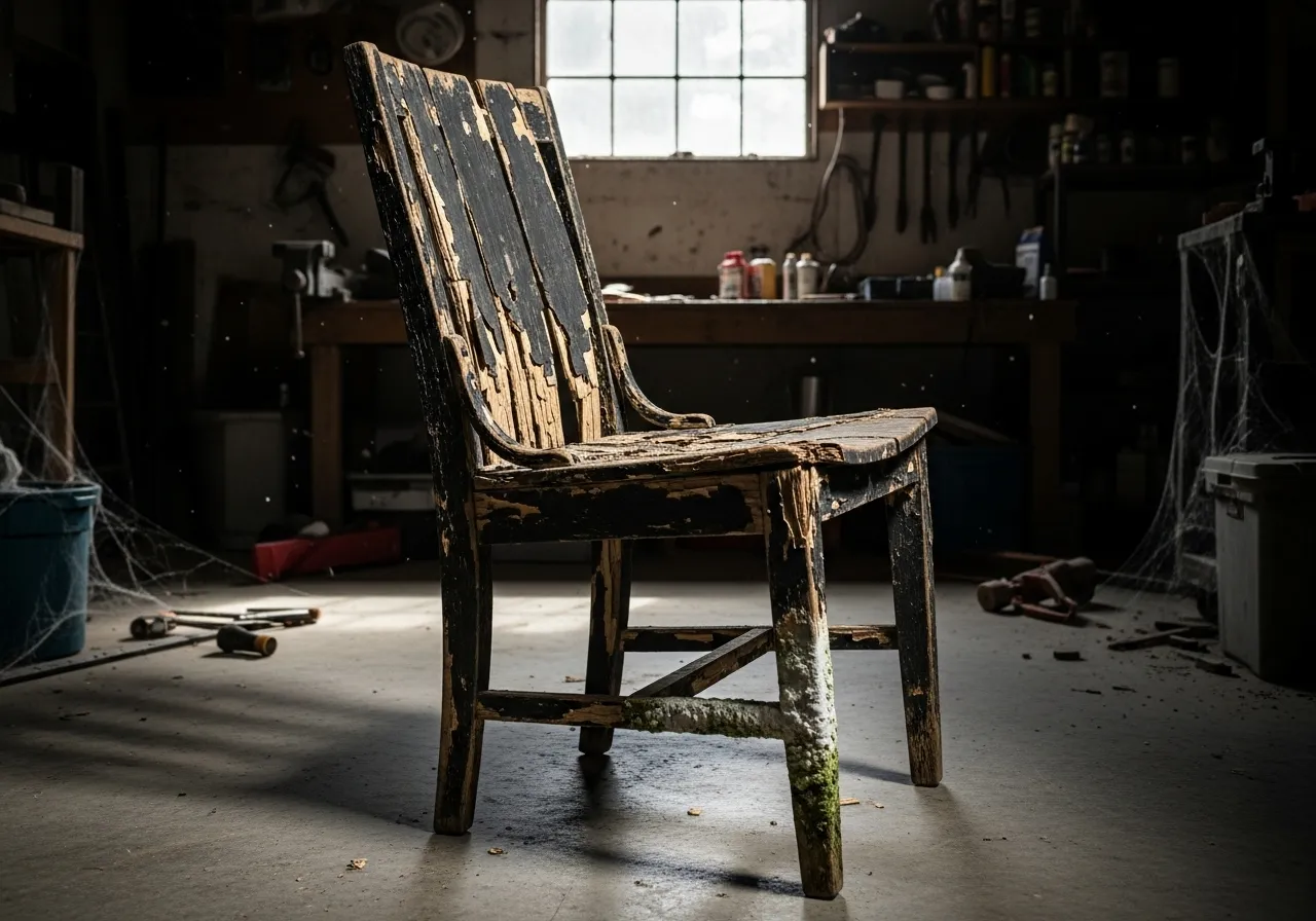 Damaged antique chair in a garage, showing effects of humidity.