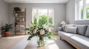 Tidy living room with a bookshelf.