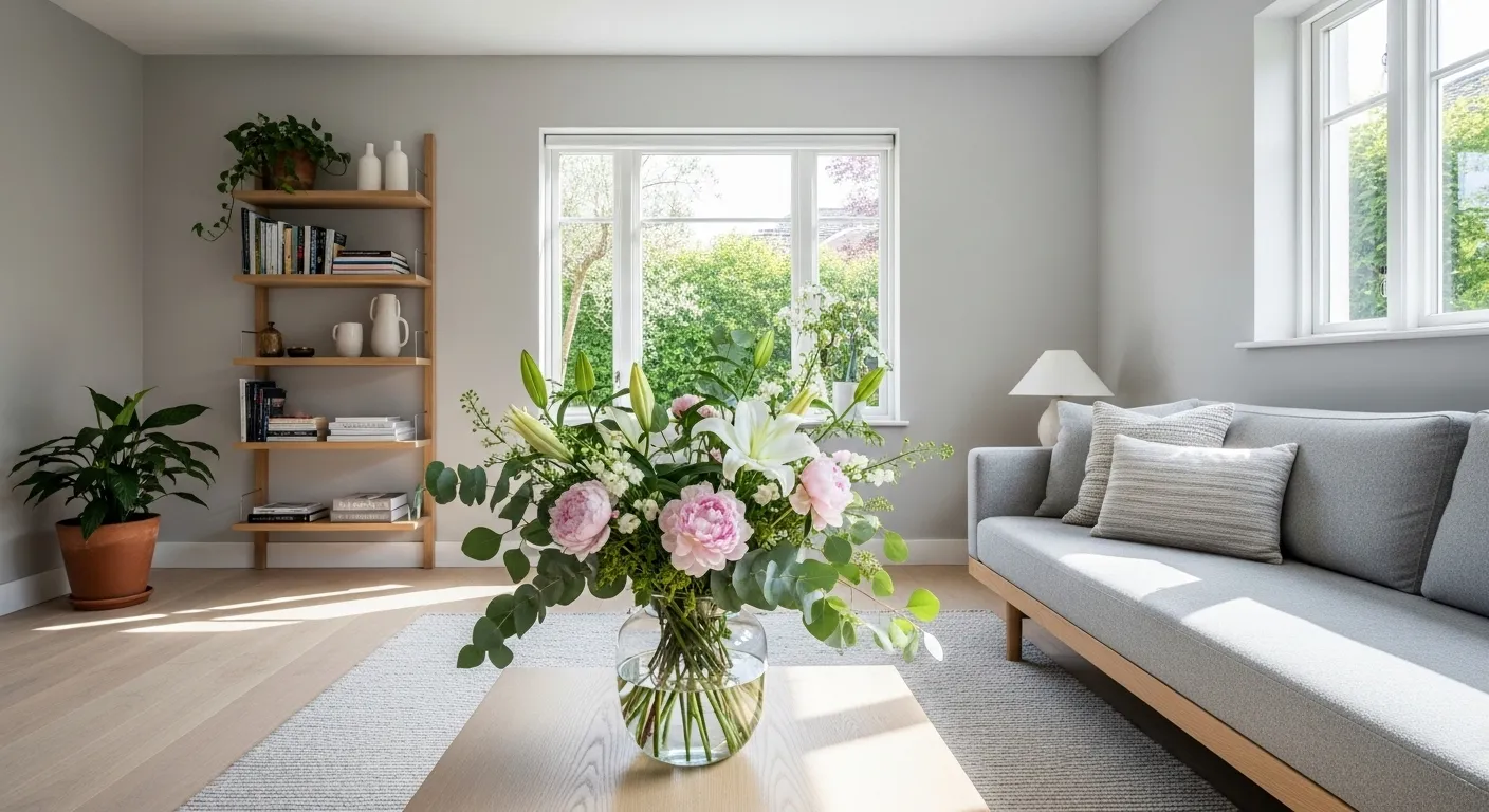 Tidy living room with a bookshelf.
