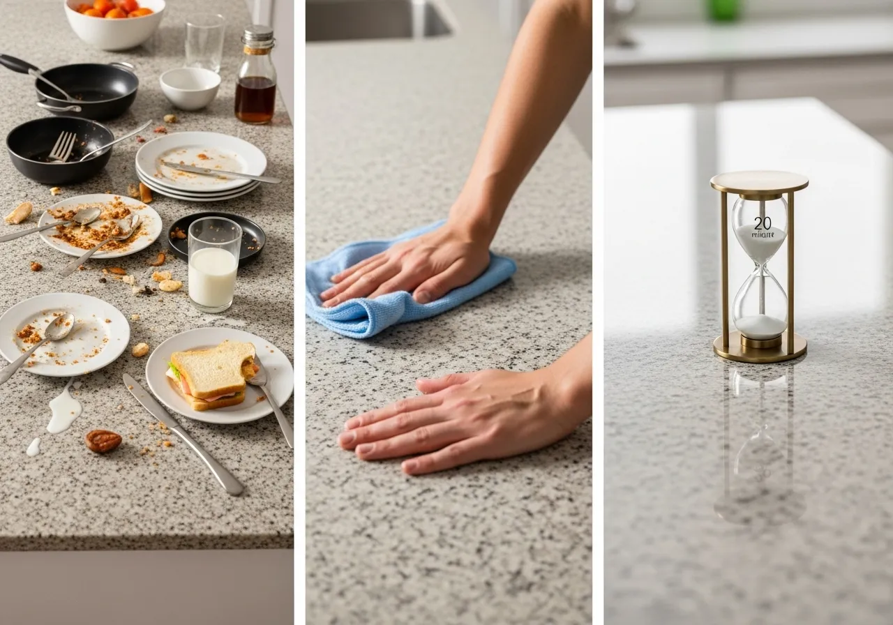 Messy counter, cleaning in progress, clean counter with hourglass.