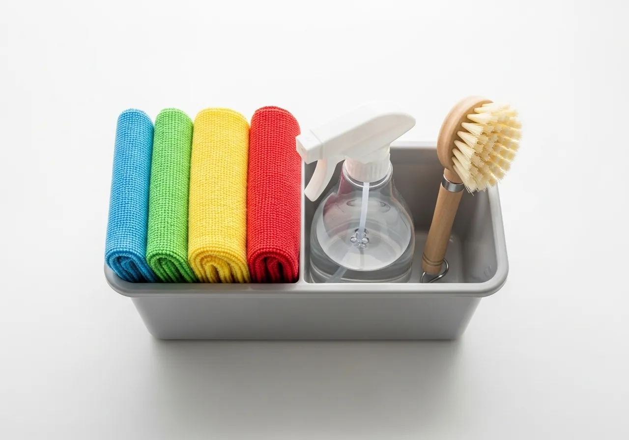 Cleaning caddy with essential supplies: microfiber cloths, spray bottle, and brush.