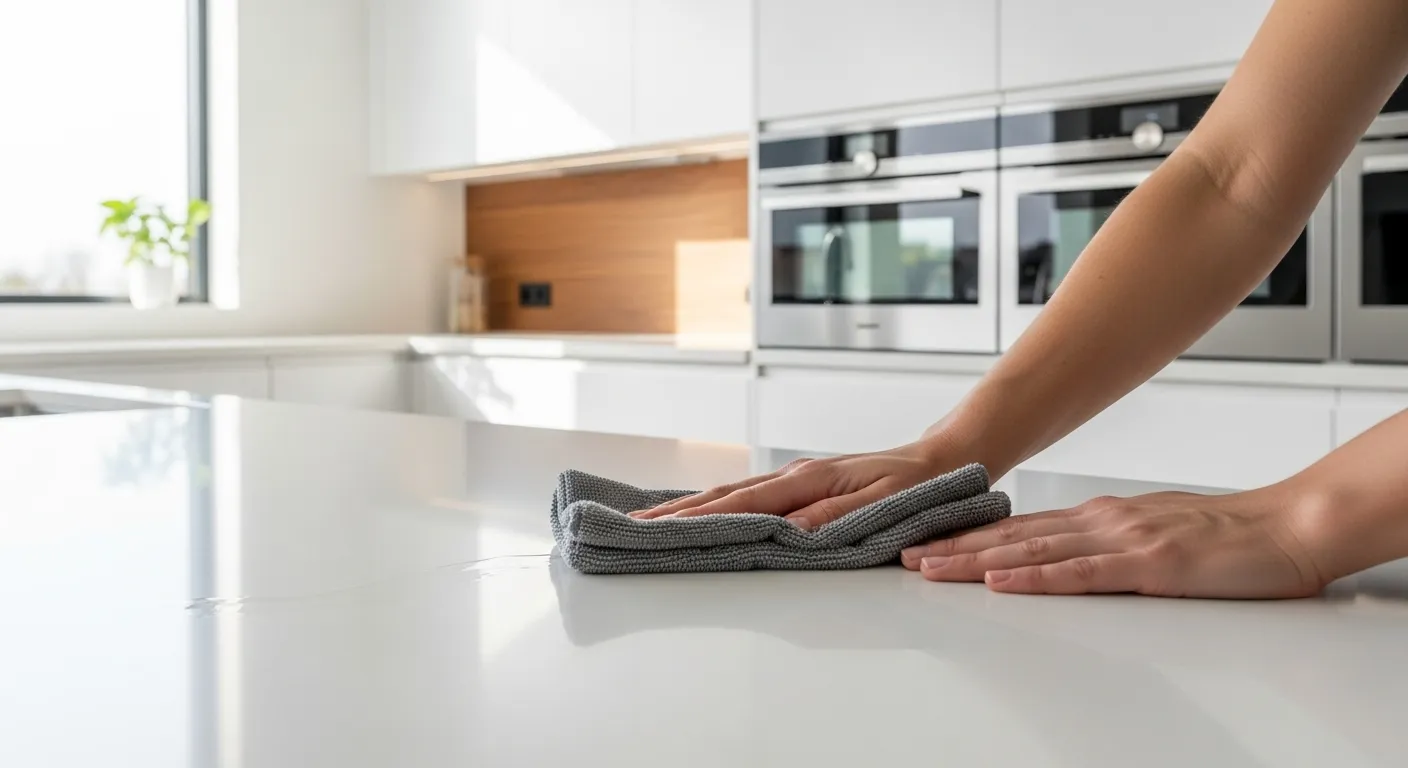 Hands wiping a kitchen counter with a cloth.