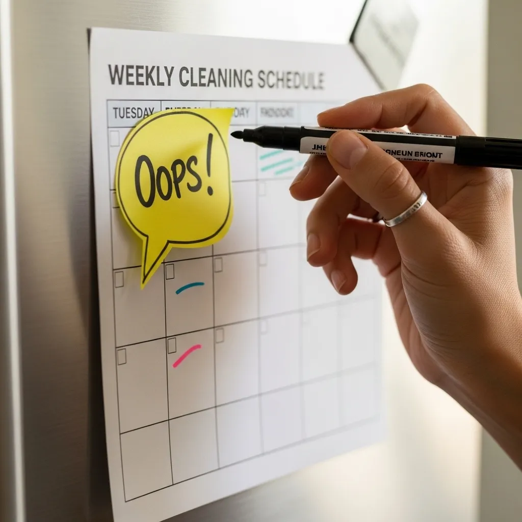 Hand adjusting cleaning schedule with 'Oops!' sticky note.
