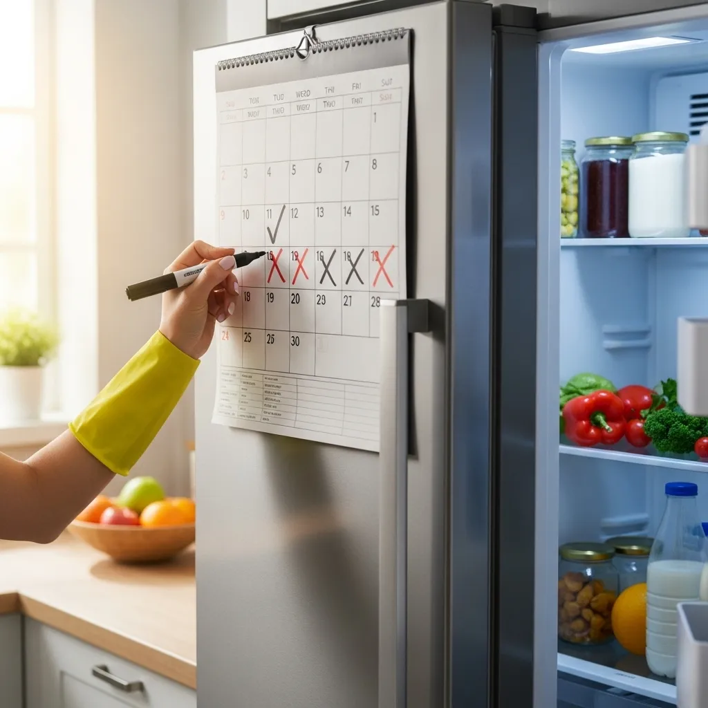 Hand marking a checkmark on a cleaning calendar on a refrigerator.