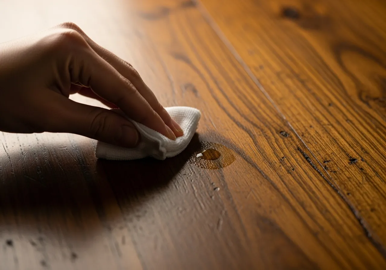 Hand testing cleaning solution on wood.